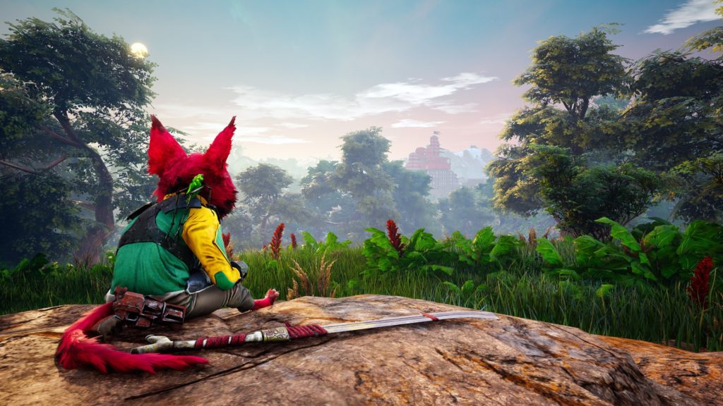 Biomutant screenshot of furry playable creature looking out into the distance