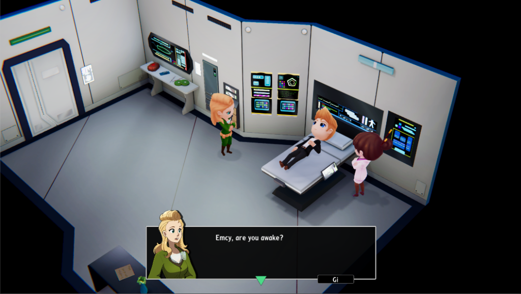 woodsalt screenshot, protagonist wakes in a futuristic hospital bed