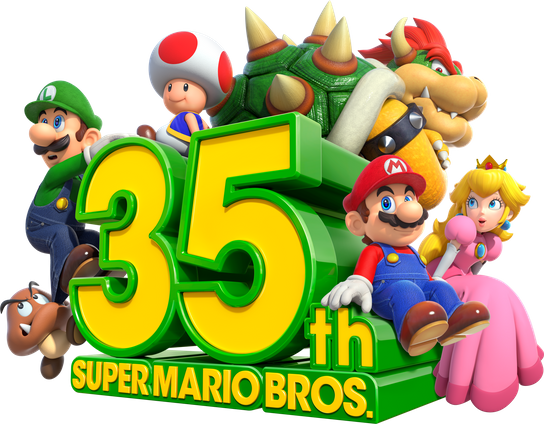 A logo featuring Mario, Luigi, Peach, toad and Bowser from the Super Mario games to commemorate 35 years