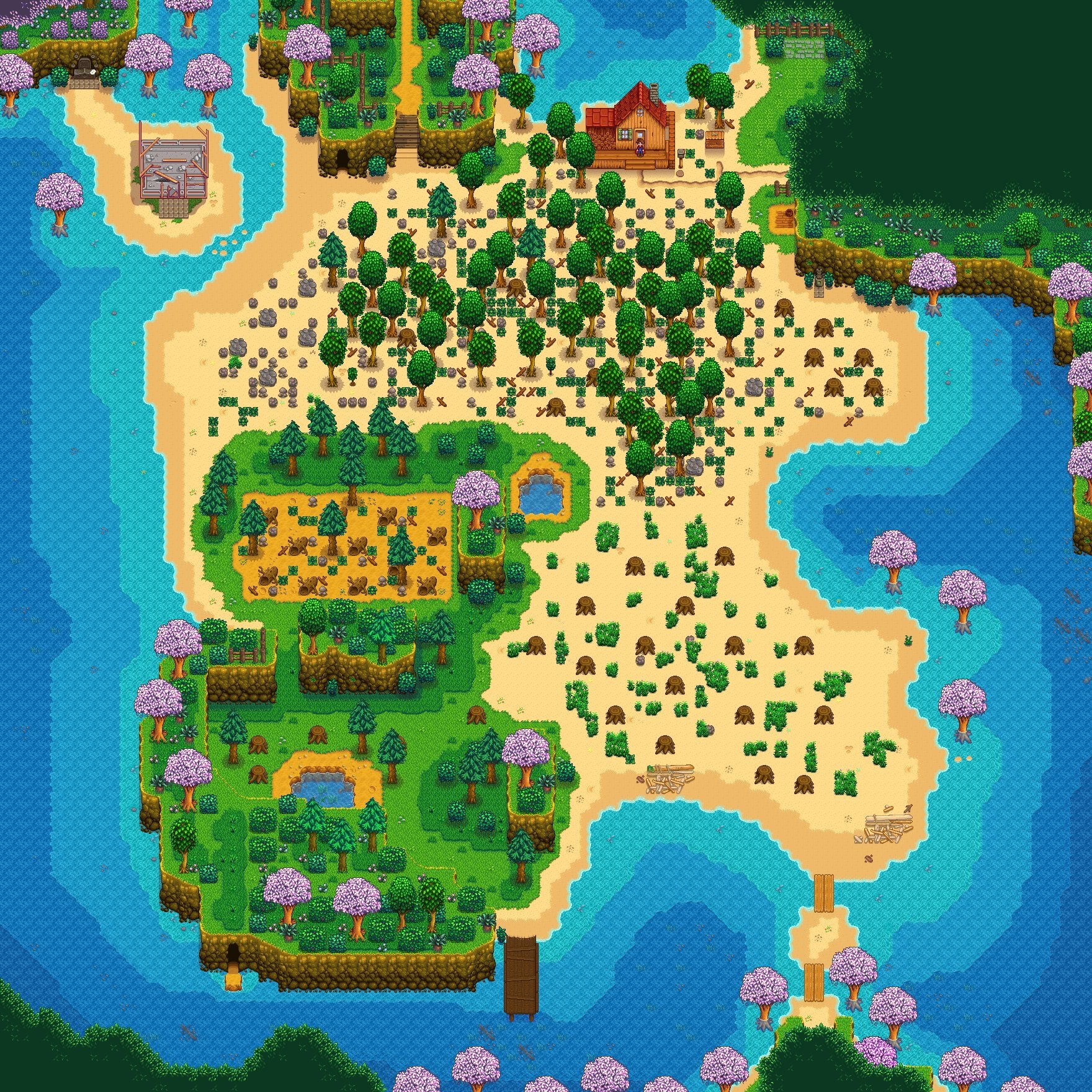 A map of the new beach farm in Stardew Valley