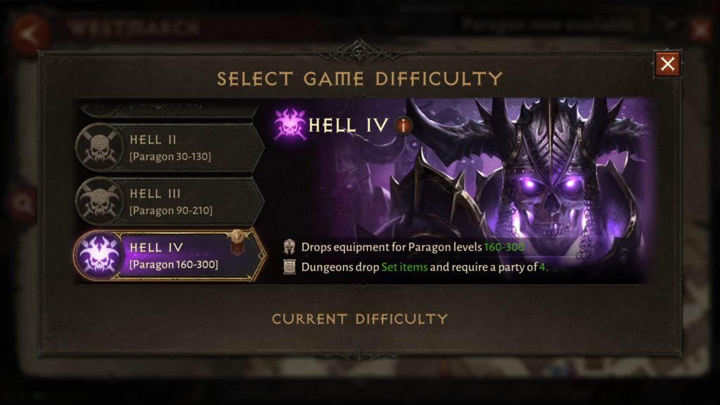 Diablo Immortal game difficulty Hell IV menu