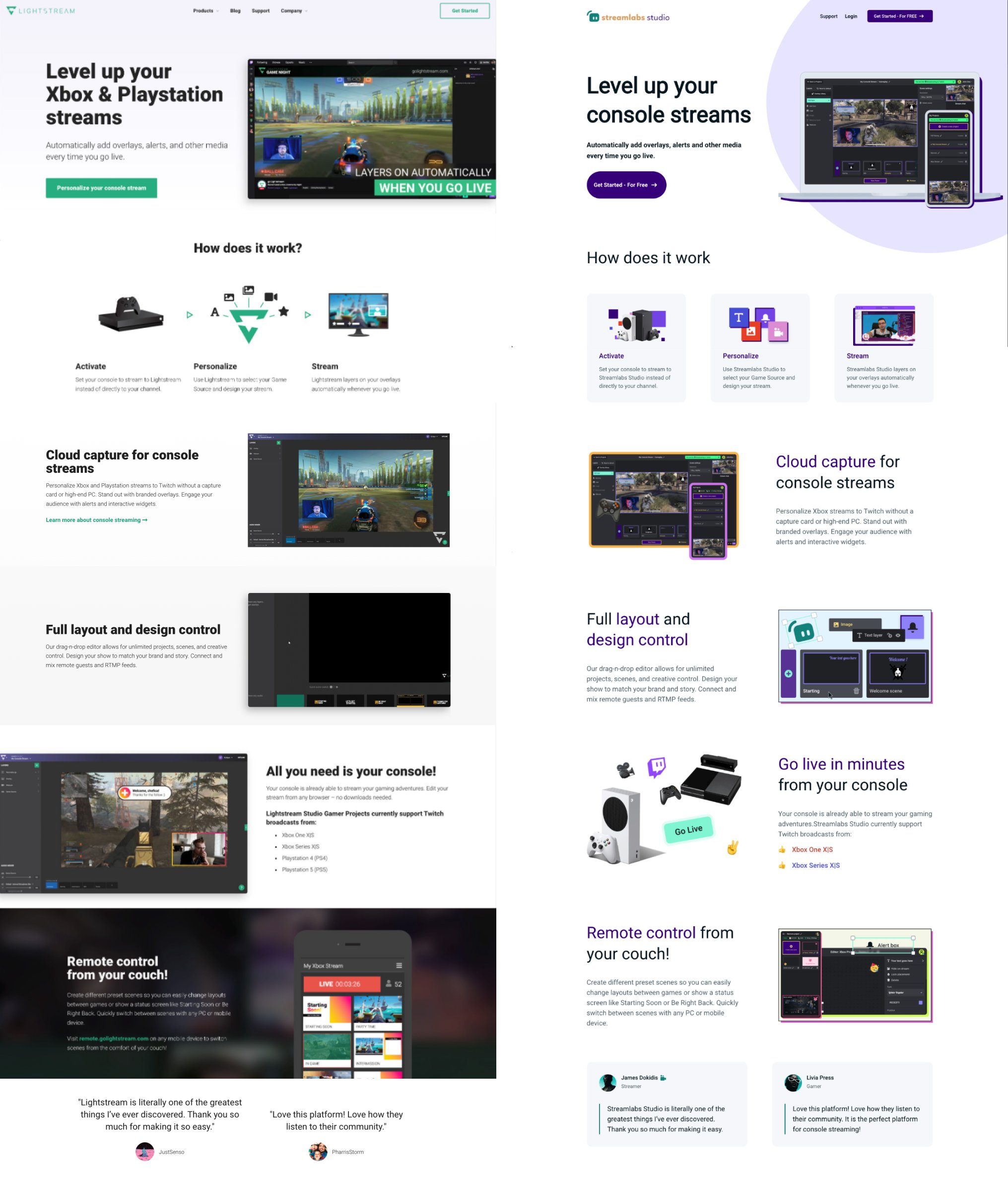 Image of the difference between Streamlabs info and Lightstreams info. Both of them mentioning leveling up your console streams, both of them mentioning how it works, cloud capture, full layout and design control, going live in minutes, using a phone or tablet as a remote control, and even the reviews are the same the only difference is the name.