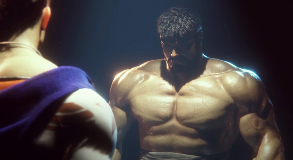 Street Fighter 6 teaser trailer screenshot of Ryu looking at Luke with a very stoic look