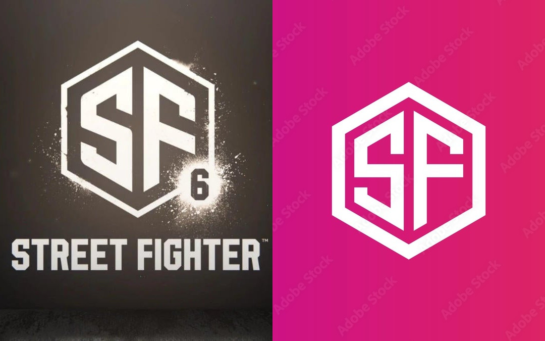 Street Fighter logo on the left in a hexagon with a six on the bottom right hexagon line with SF inside the hexagon and a street fighter text underneath. On the right is a stock image of the same hexagon with SF in the middle