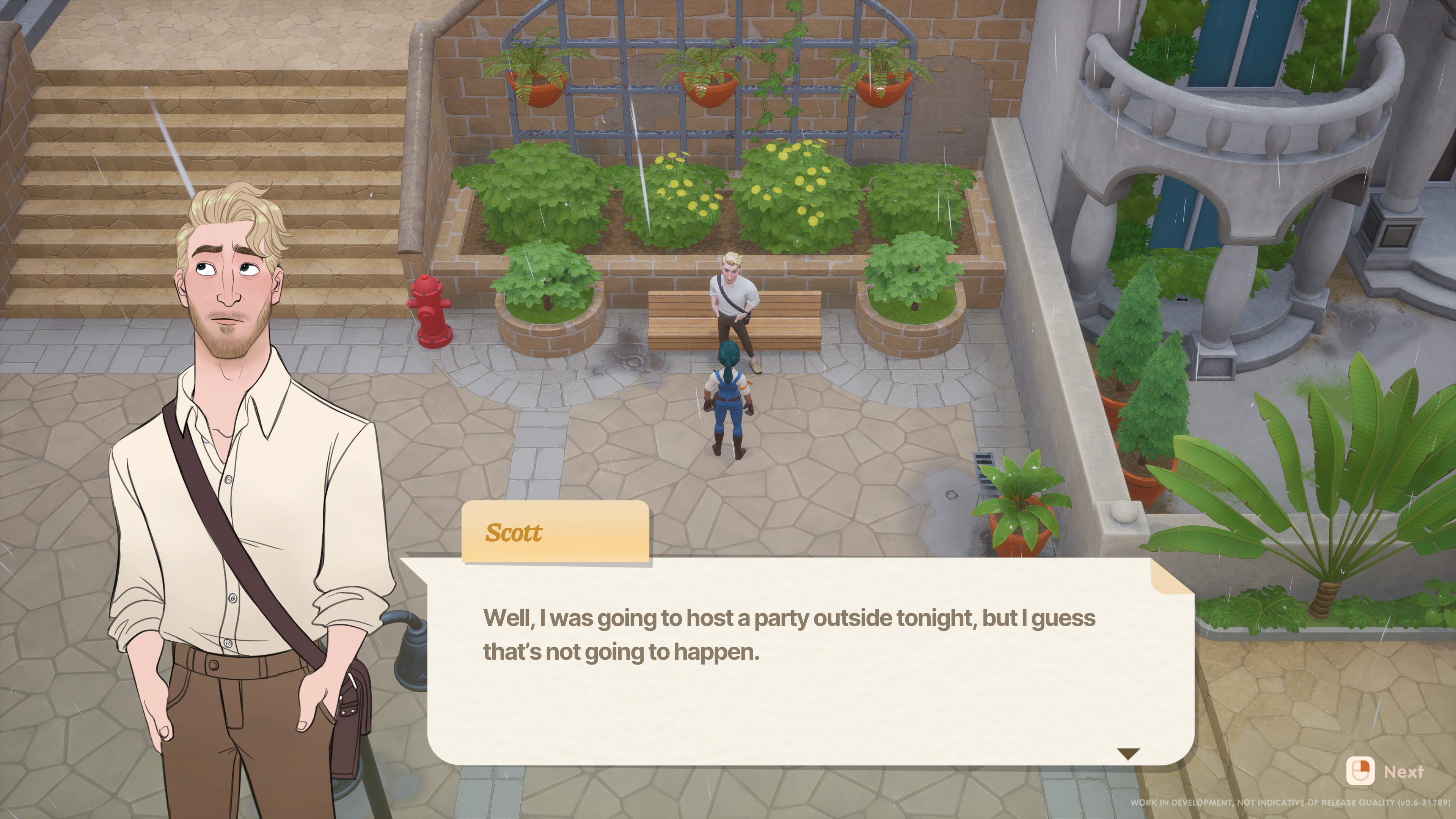 Image of the game Coral Island with the player talking to a character named Scott who looks at the rain and says "Well I was going to host a party outside tonight, but I guess that's not going to happen."
