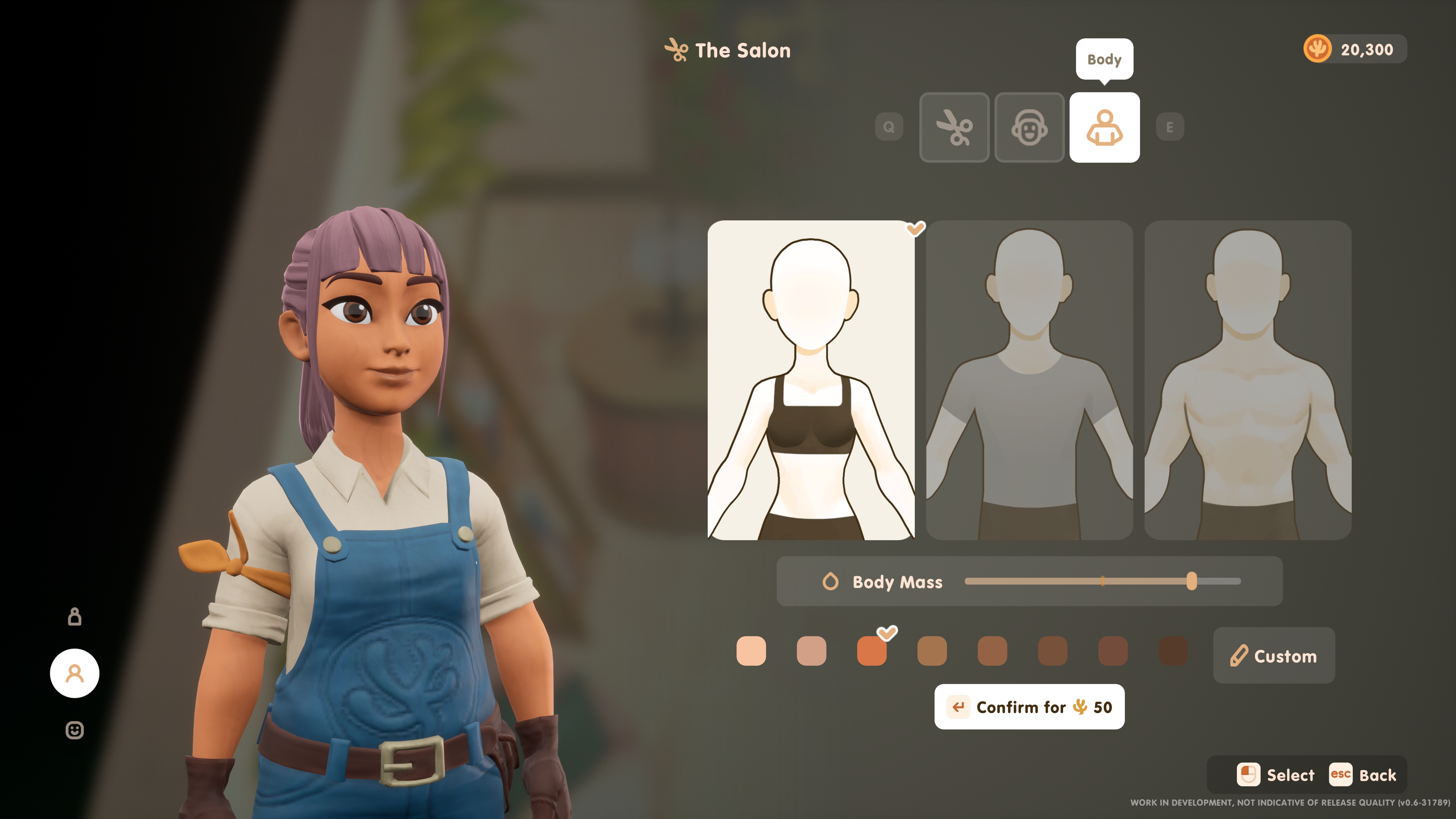 Image of the game Coral Island's character customisation with body type and body mass at the salon with multiple colours, three body types with the farmer on the left and the ability to conrim for $50