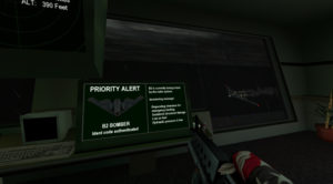 Screenshot from the Duke Nukem Forever 2001 build, in it is a computer that says 'priority alert B2 bomber ident code authenticated' with a bomber outside with smoke blowing out the back