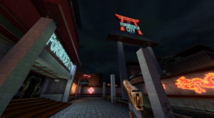 Screenshot from the Duke Nukem Forever 2001 build, of a centre called forbidden city with a pistol on the screen