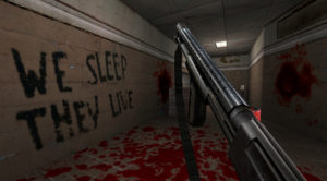 Screenshot from the Duke Nukem Forever 2001 build, where there is a hall covered in blood a gun in the centre with the text saying 'we sleep they live'