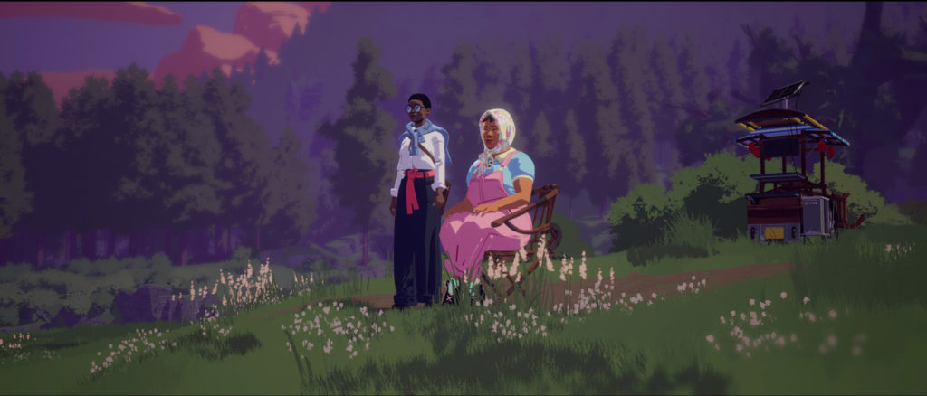 Main character with glasses standing next an older woman in a wheelchair on a hill in Season: A Letter to the Future