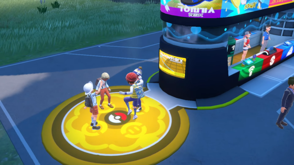 Image of the video game Pokemon VIolet and Scarlet where four players are on a yellow circle called the Union Circle