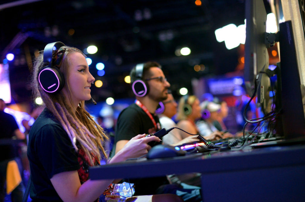 LOS ANGELES, CALIFORNIA - JUNE 11: Convention goers enjoy the exhibits during E3 2019 at the Los Angeles Convention center on June 11, 2019 in Los Angeles, California. (Photo by Charley Gallay/Getty Images for E3/Entertainment Software Association)