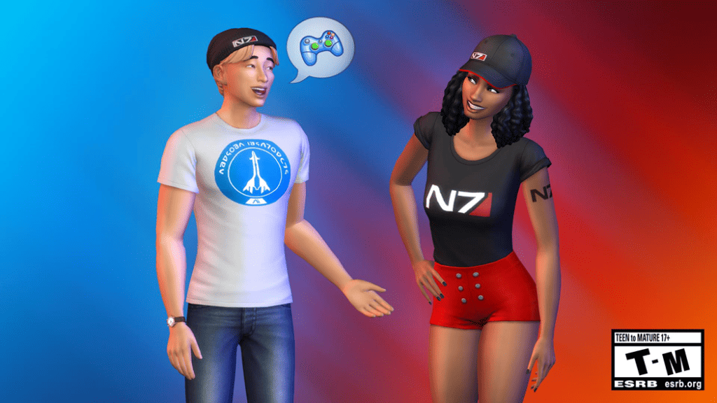 An image of two sims standing next to each other talking. One on the left is wearing a hoodie that says N7 on it and a t-shirt that has the Andromeda Initiative logo on it. The sim on the right is wearing an N7 hat, black t-shirt and a tattoo on their arm. The background goes from blue to red. 