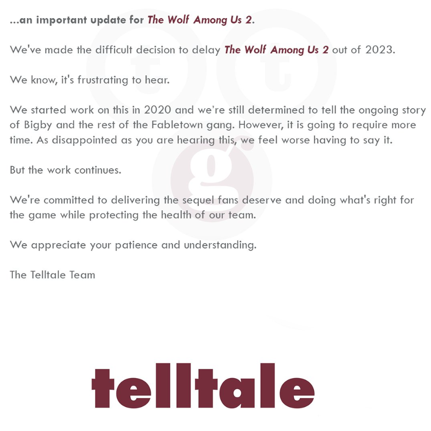 The Wolf Among Us 2 delay press release