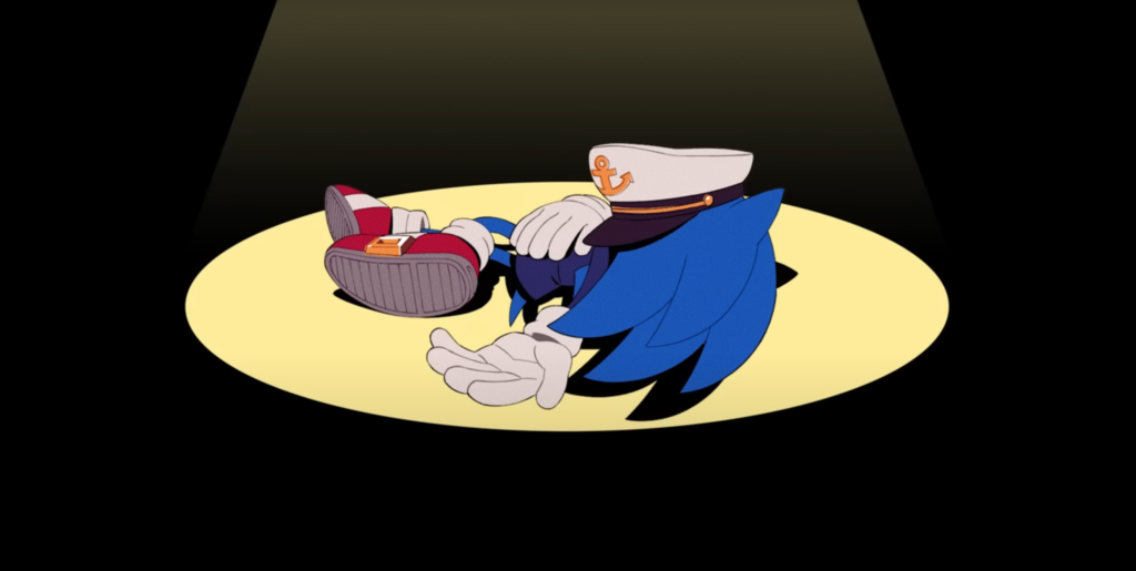 Sonic dead, on the floor with a spotlight on him, for April Fools' 2023